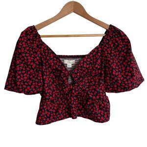 Band of the Free Strawberry Print Cropped Top Women Size L Puff Sleeves